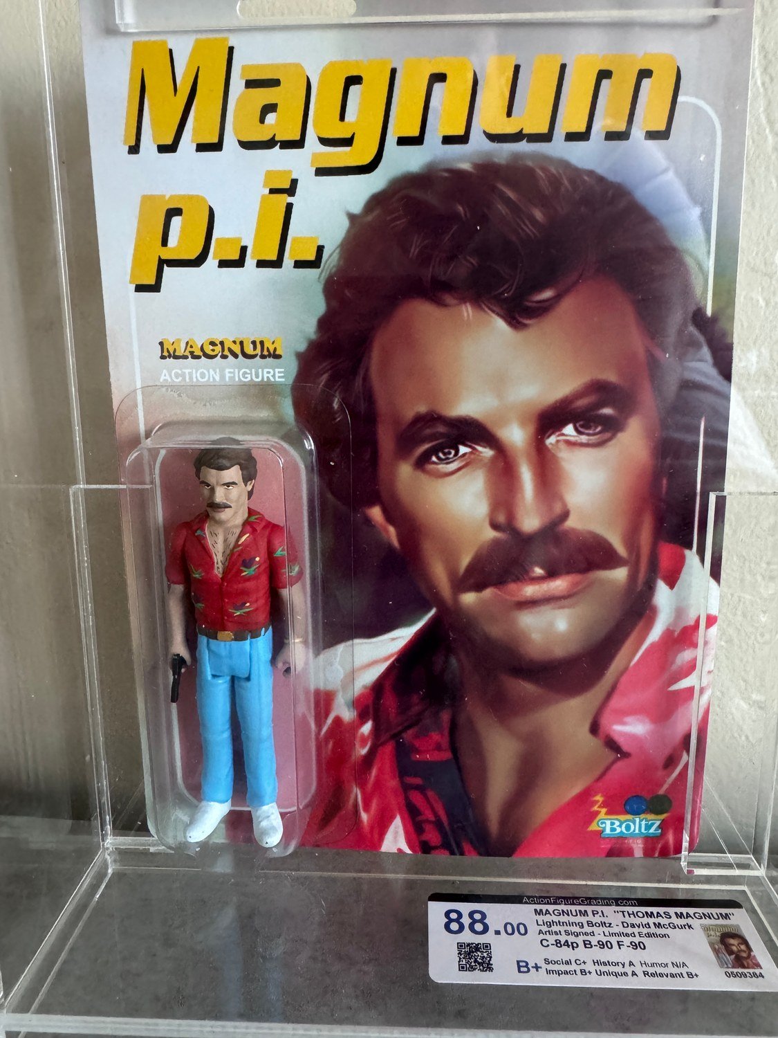 Complete Magnum P.I. custom figure displayed in an unsealed acrylic case